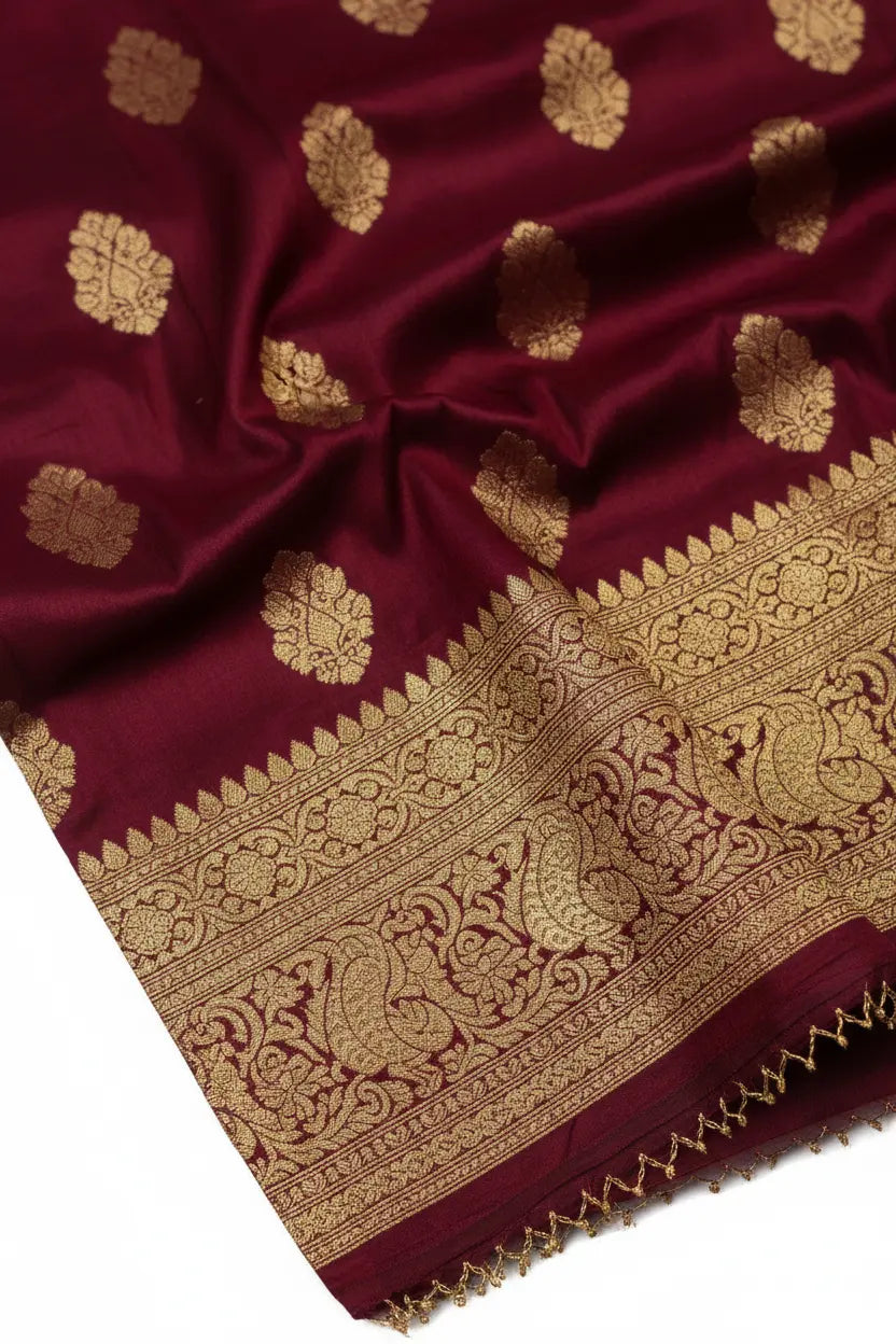 Close-up of maroon silk saree fabric with golden zari embroidery