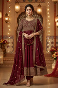 Indian model wearing Anarkali Suit Set with golden embroidery and dupatta