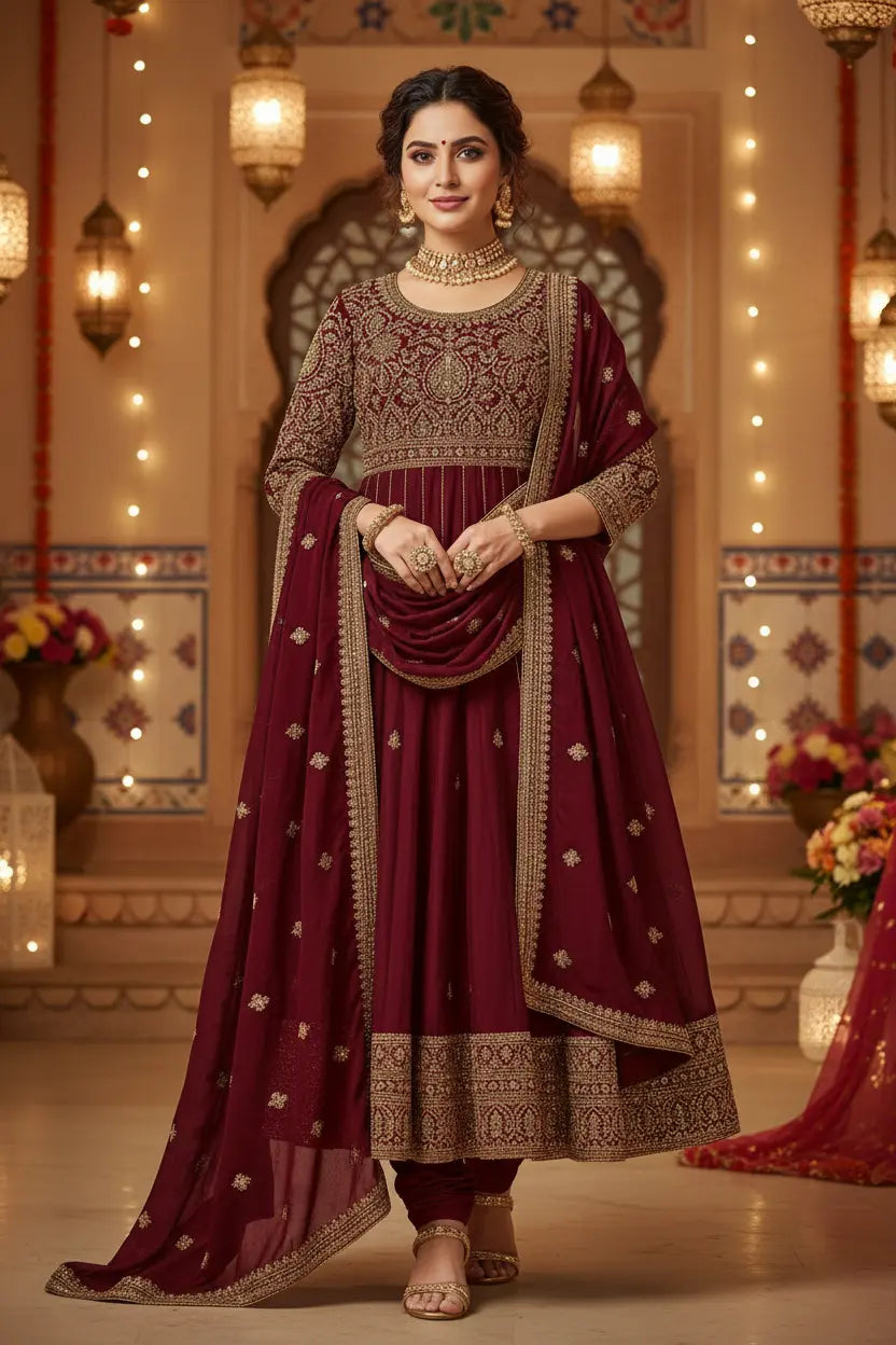 Indian model wearing Anarkali Suit Set with golden embroidery and dupatta