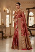 Indian model wearing Pure Banarasi Silk Saree with gold zari work