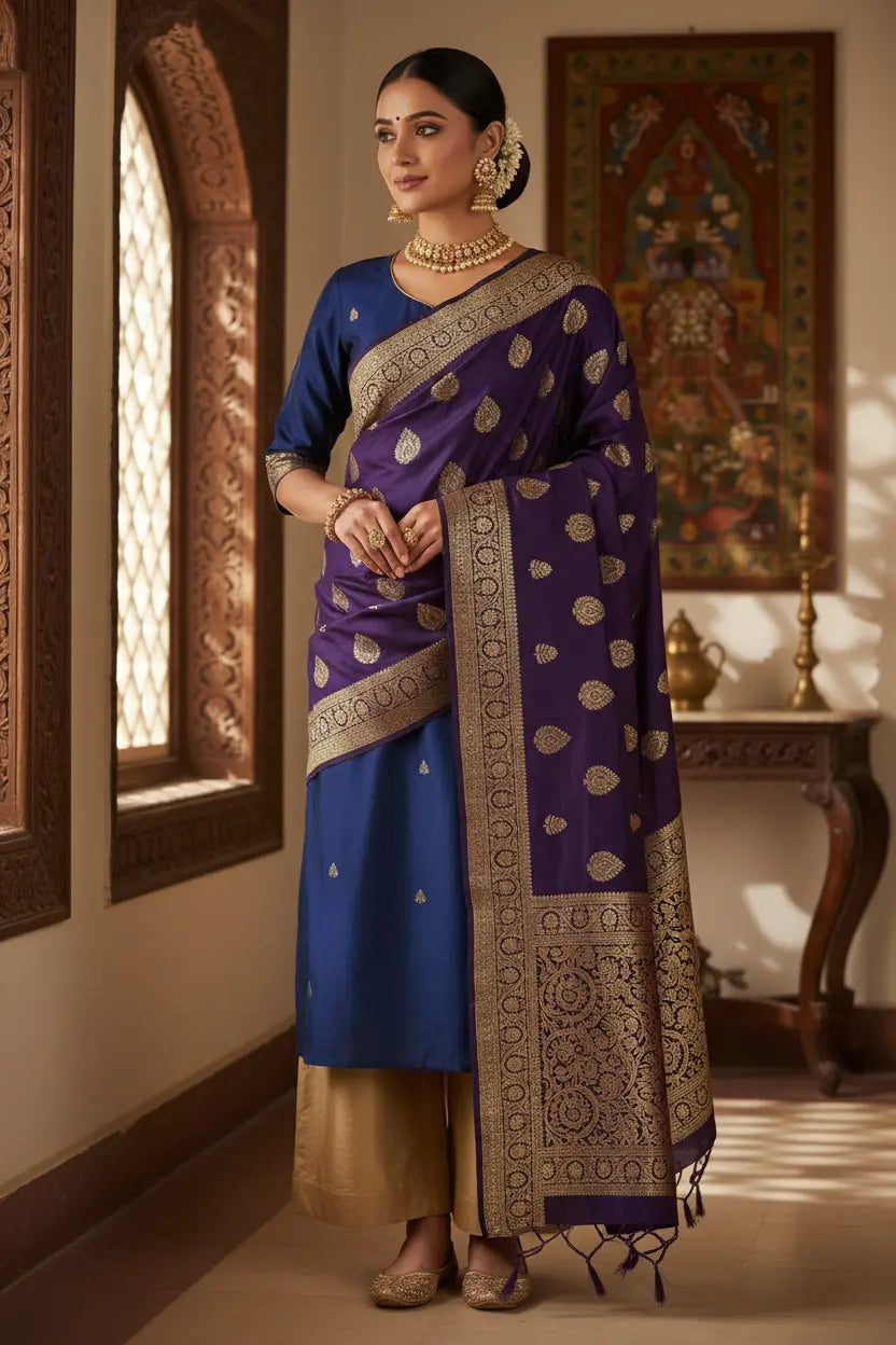 Indian model draping Banarasi Silk Dupatta with gold zari border