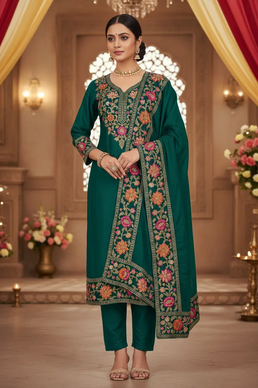 Indian model wearing Embroidered Salwar Kameez Floral Ethnic 3-Piece Set