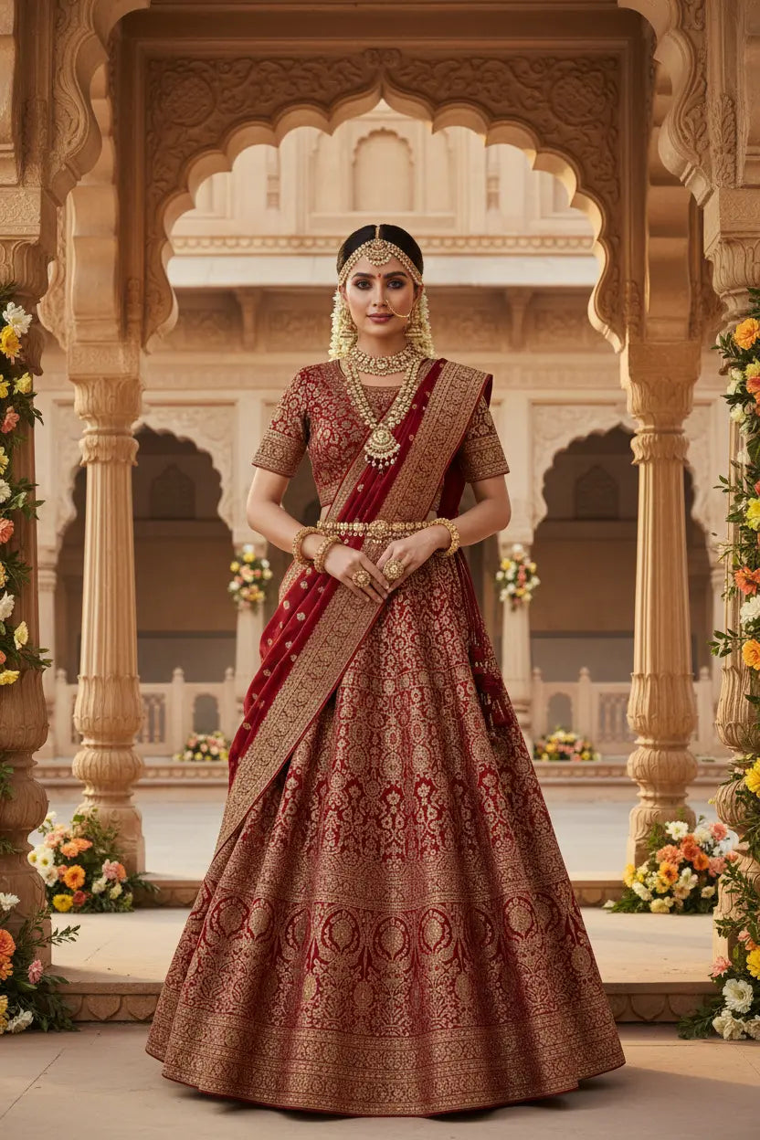 Indian bridal model wearing Banarasi Silk Lehenga with gold zari woven bridal set