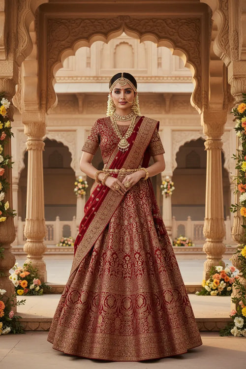 Indian bridal model wearing Banarasi Silk Lehenga with gold zari woven bridal set