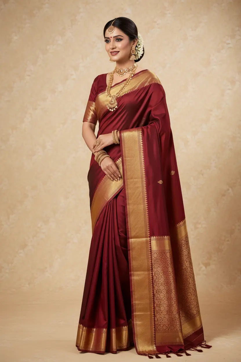 Indian woman wearing maroon silk saree in traditional bridal look