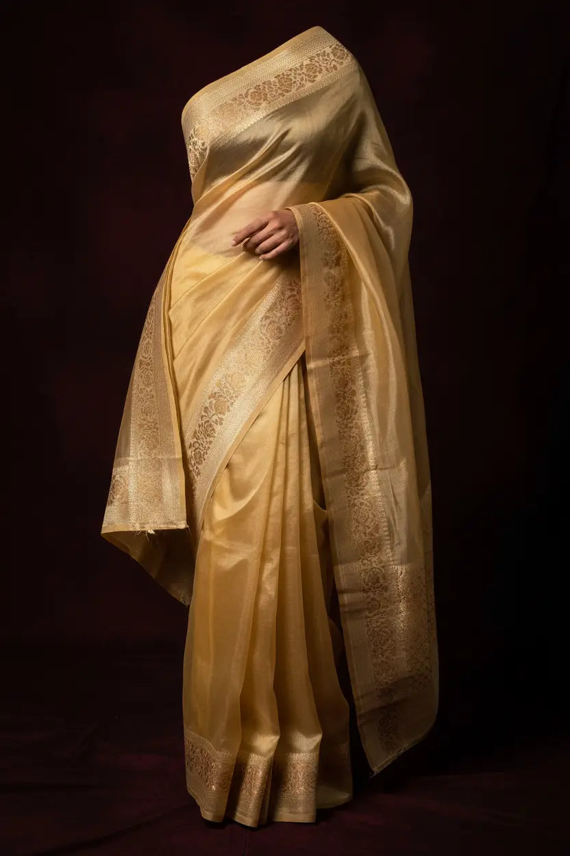 Golden silk tissue saree with sheer zari weave, luminous and lightweight, premium Indian ethnic wear