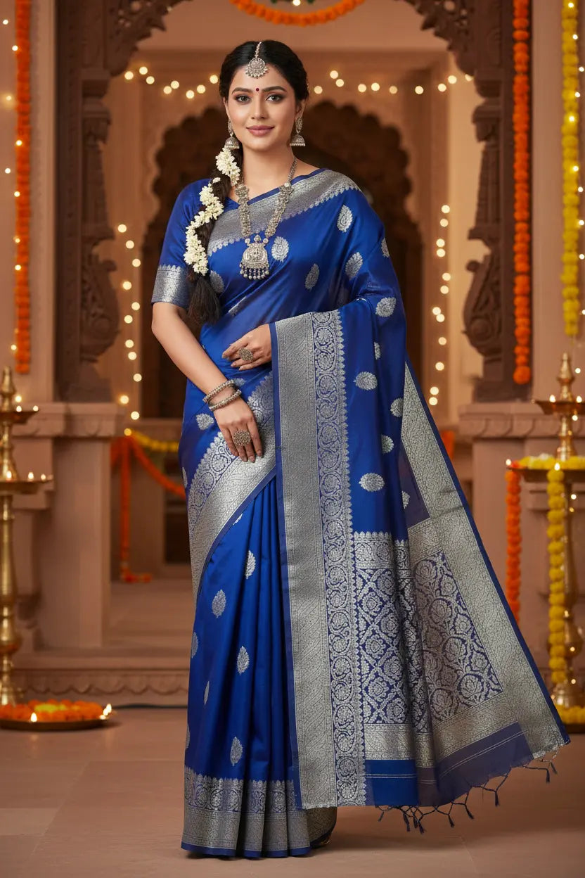 Indian model wearing Banarasi Georgette Saree with silver zari weave