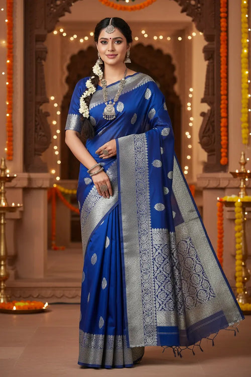 Indian model wearing Banarasi Georgette Saree with silver zari weave