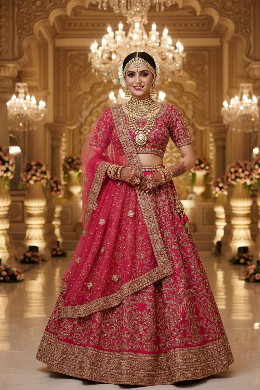 Indian bridal model wearing Lehenga Choli Set with gold embroidery and dupatta