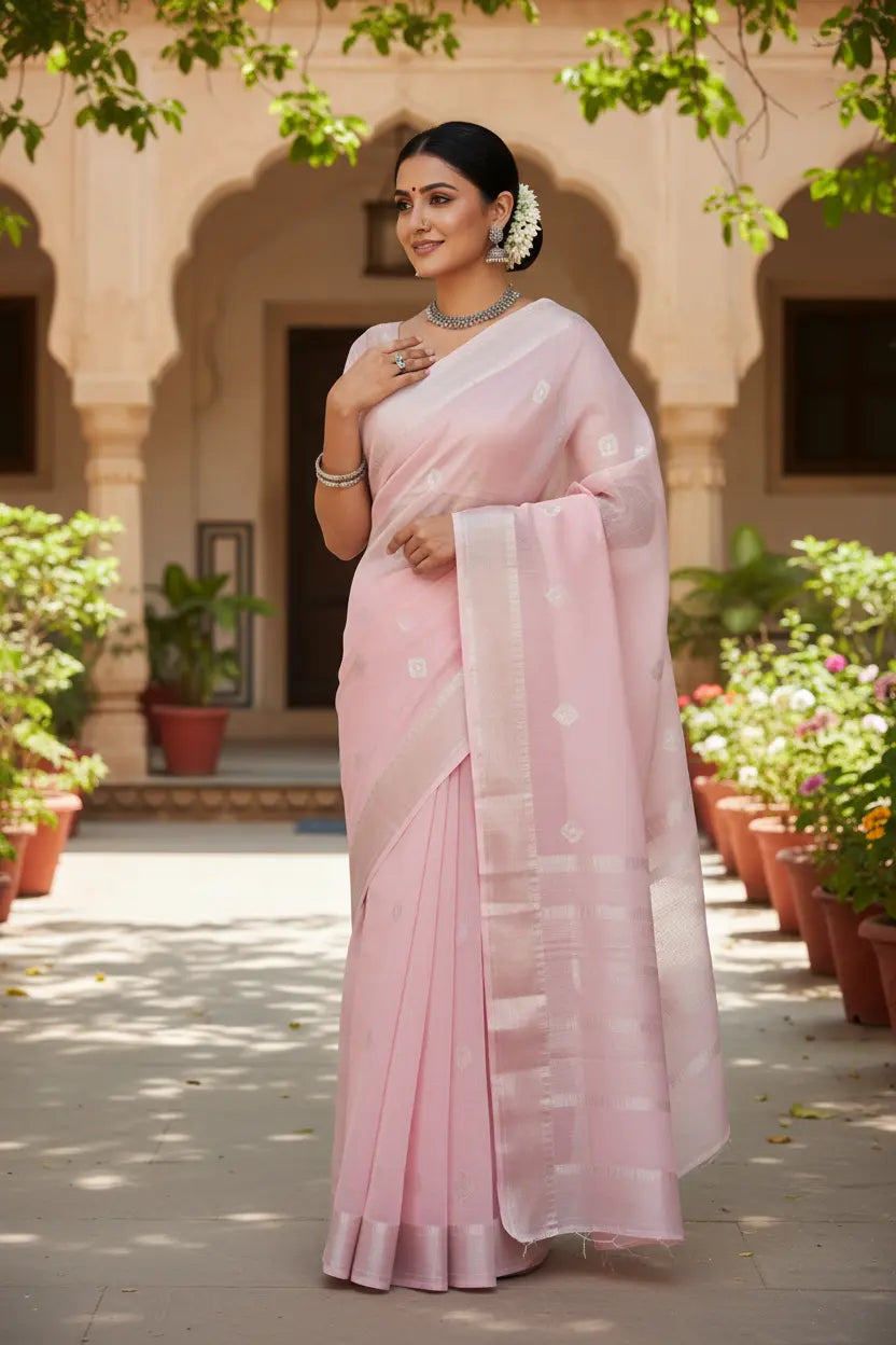 Indian model wearing Chanderi Cotton Saree with delicate silver border