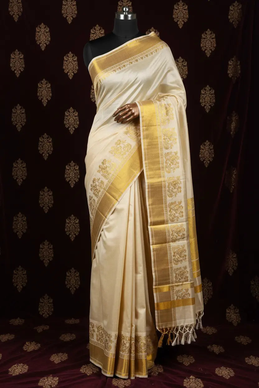 Kerala Kasavu onam festival saree in off-white with golden zari border, soft silk