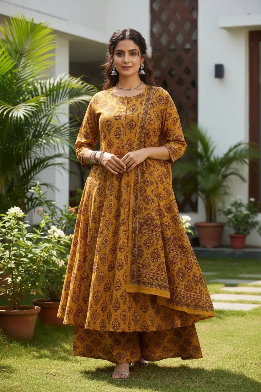 Indian model wearing Palazzo Kurta Set with block print ethnic design