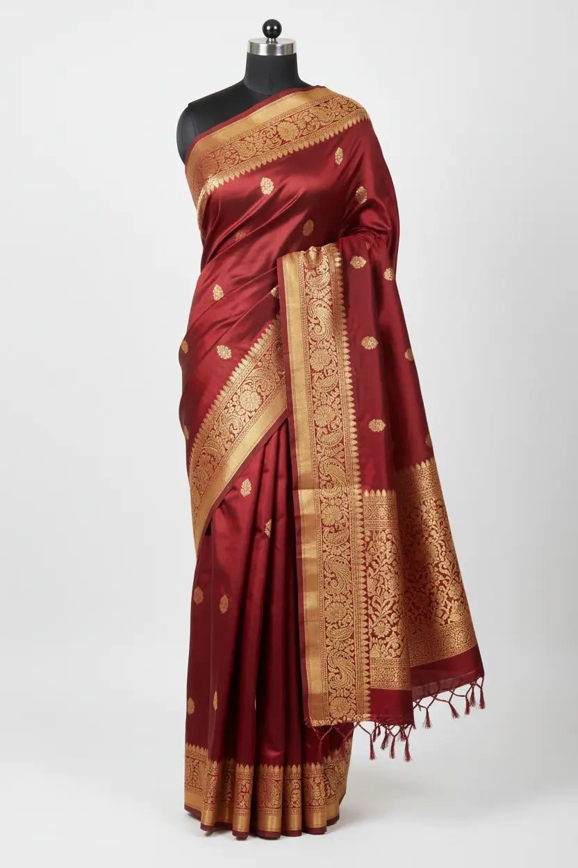 Beautiful maroon silk saree with golden border detailing