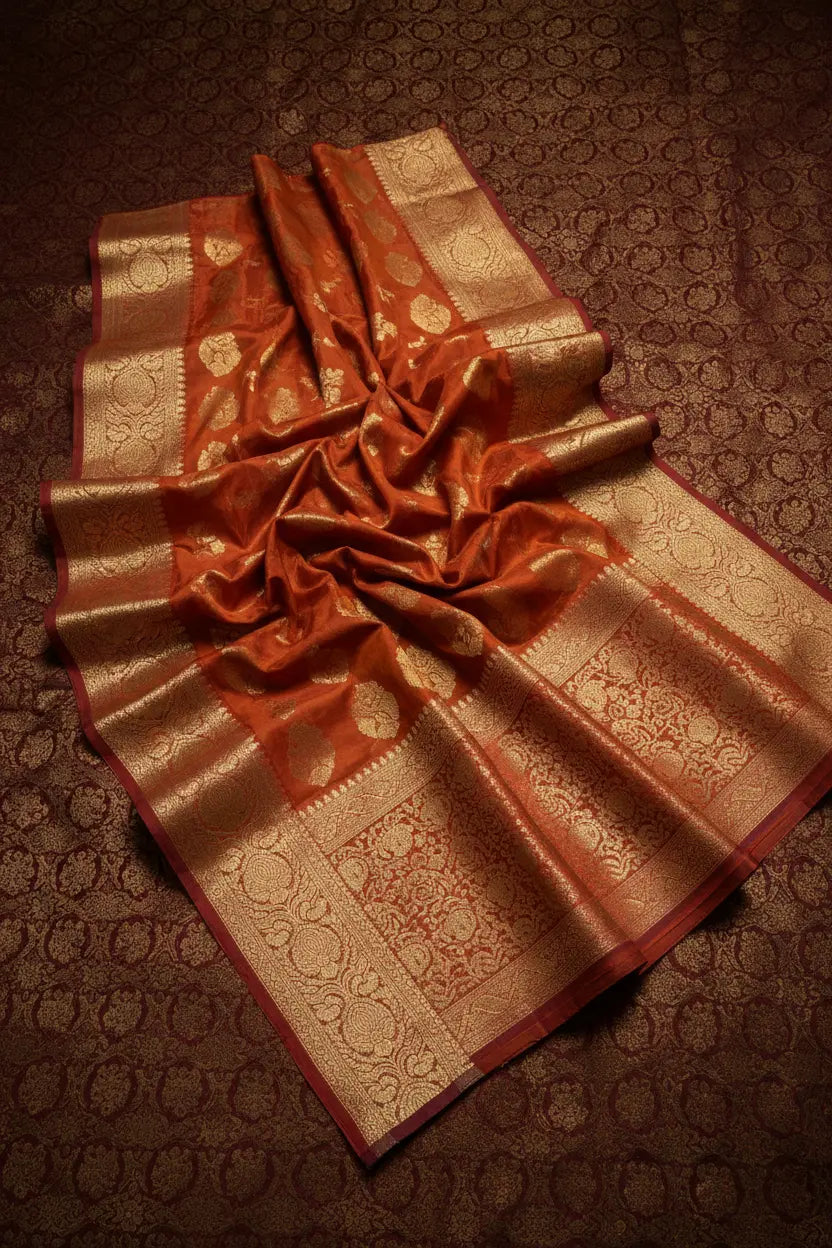 Orange rust Banarasi silk saree with gold zari brocade, handwoven in Varanasi