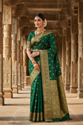 Indian model wearing Kanjivaram Silk Saree with temple border design